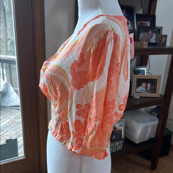 Floral Smocked Women's Top - Orange and White - Picture 4 of 7